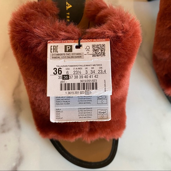 ZARA Faux Fur Block Heel Mule Brick Merlot Berry Maroon - Picture 9 of 9